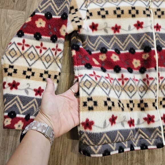 Vtg Alfred Dunner Aztec Fleece Jacket Women PS Floral Cottagecore Boho Red Beige - Picture 5 of 9